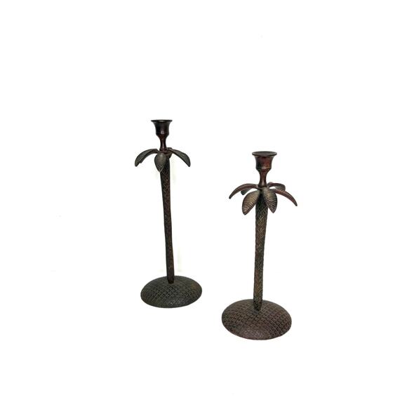 Pair Made in India Textured Wrought Iron Metal Tropical Palm Tree candlesticks - Picture 1 of 10